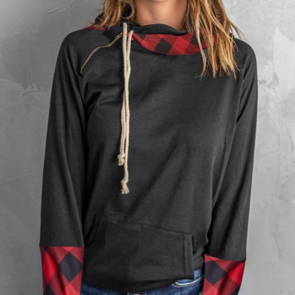 ❤Host Pick❤ New Red Plaid Double Hoods Thumb Hole Hoodie - Picture 3 of 11